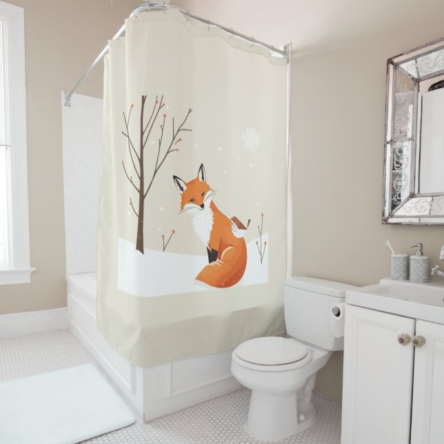 Peace on Earth Minimalist Fox Bird Cute Animals Shower Curtain (In Situ)