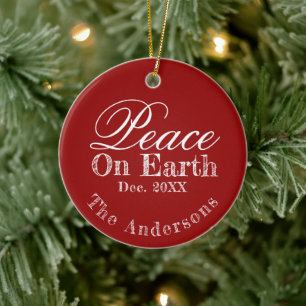 Peace On Earth Minimalist Script Christmas Red  Ceramic Tree Decoration