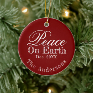 Peace On Earth Minimalist Script Christmas Red Ceramic Tree Decoration