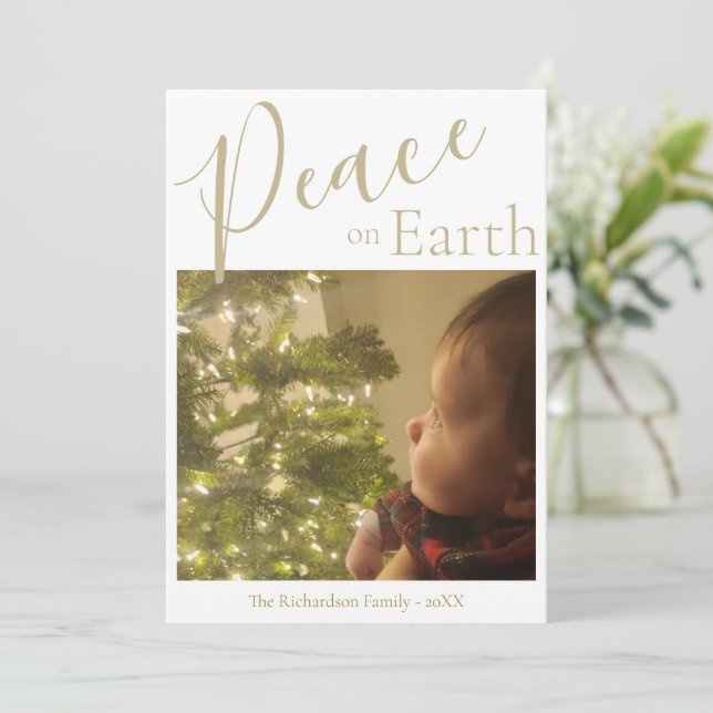 Peace on Earth Modern Simple Gold Photo Christmas Holiday Card (Standing Front)