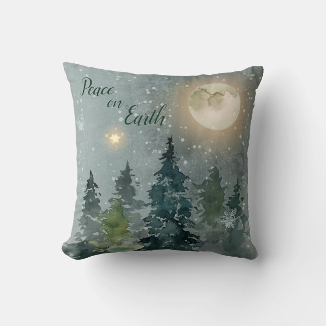 Peace on Earth Modern Watercolor Christmas Holiday Cushion (Front)