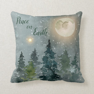 Peace on Earth Modern Watercolor Christmas Holiday Cushion
