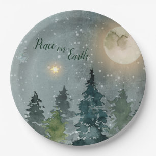 Peace on Earth Modern Watercolor Christmas Holiday Paper Plate