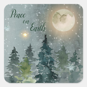 Peace on Earth Modern Watercolor Christmas Holiday Square Sticker