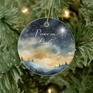 Peace on Earth Mountain Sky Star Family Name  Ceramic Tree Decoration