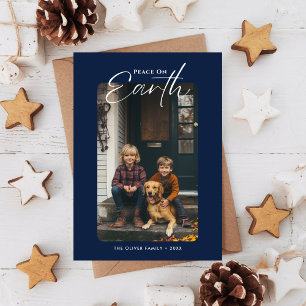 Peace On Earth Navi Blue Dog Kids Photo Christmas Holiday Card