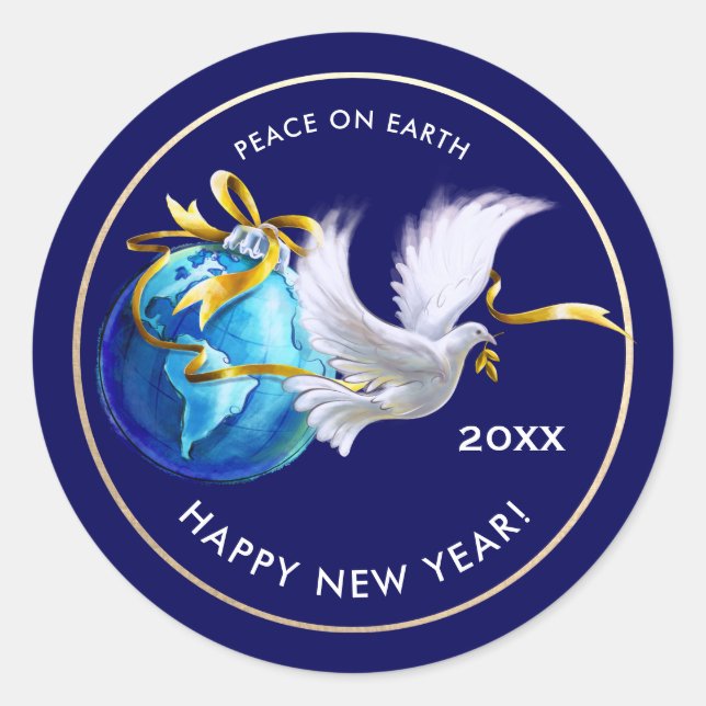 Peace on Earth. Peace Dove Custom New Year's  Classic Round Sticker (Front)
