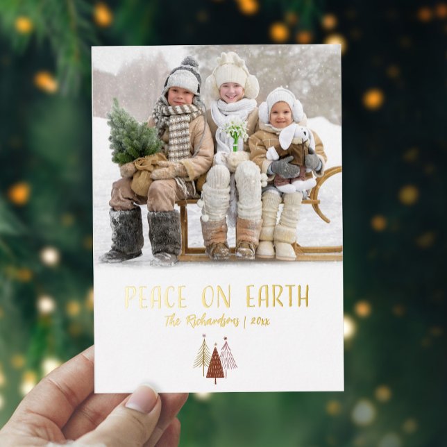 Peace On Earth Photo Elegant Christmas Gold Script Foil Holiday Card (Creator Uploaded)