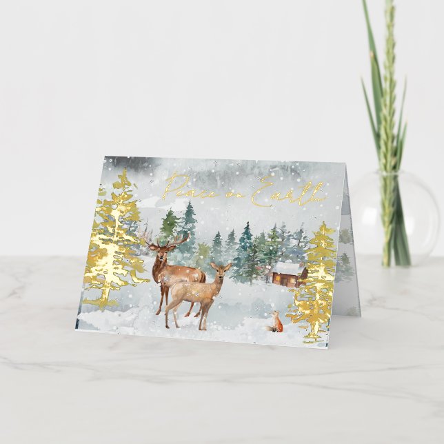 Peace On Earth Photo Snowy Forest Deer Scripture Foil Holiday Card (Front)