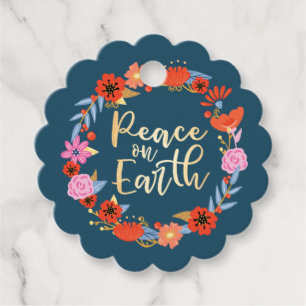 Peace on Earth Pretty Floral Folk Art Wreath Blue Favour Tags