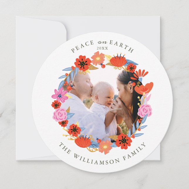 Peace on Earth Pretty Floral Folk Art Wreath Photo Holiday Card (Front)