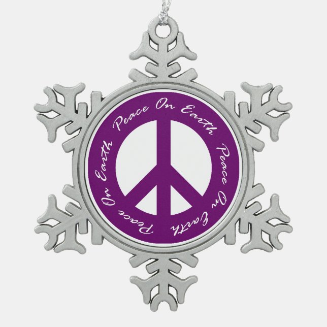 Peace On Earth Purple Holiday Peace Sign Snowflake Pewter Christmas Ornament (Front)