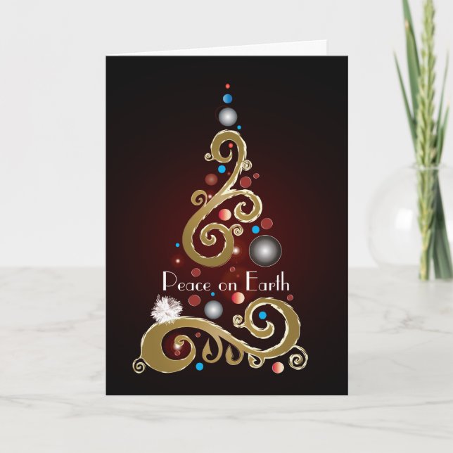 Peace on Earth quote with gold Christmas tree Holiday Card (Front)