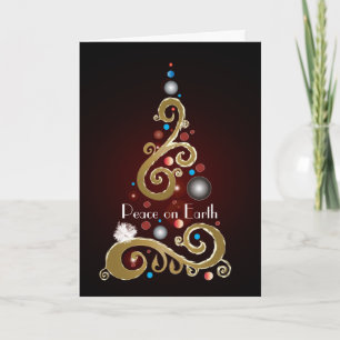 Peace on Earth quote with gold Christmas tree Holiday Card