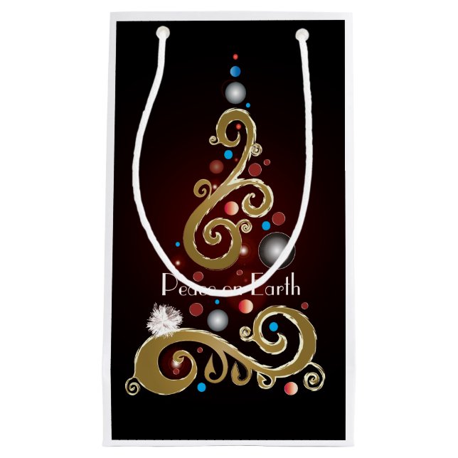 Peace on Earth quote with gold Christmas tree Small Gift Bag (Front)
