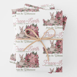 Peace on Earth Rabbit in Flowers Christmas Wrapping Paper Sheet