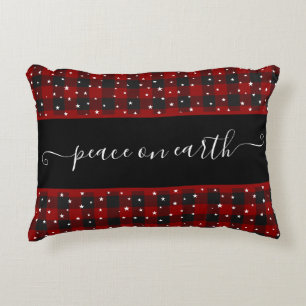 Peace on earth Red and black plaid with stars  Decorative Cushion