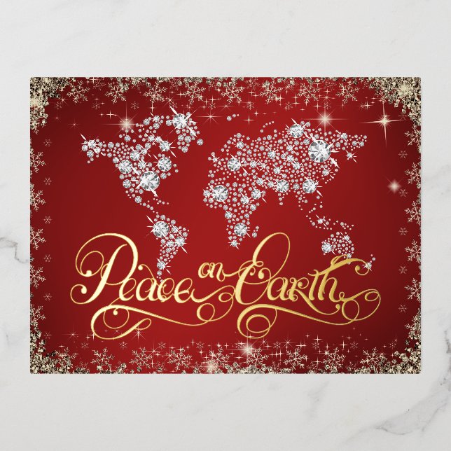 Peace on Earth Red and Diamonds  Foil Holiday Postcard (Front)