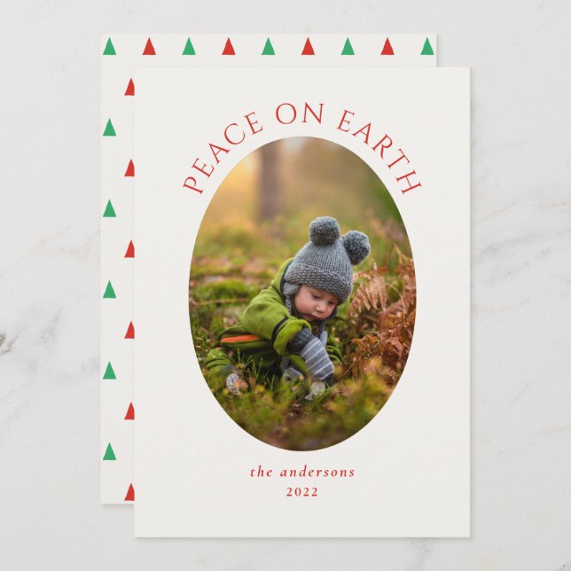 Peace on Earth Red Green Cameo Photo Holiday Card (Front/Back)