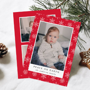 Peace On Earth Red Snowflake 3 Photo Holiday Card