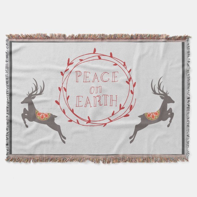 Peace on Earth Reindeer Holiday Throw Blanket (Front)