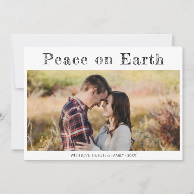 Peace on Earth Religious Minimal 2 Photo Christmas Holiday Card (Front)