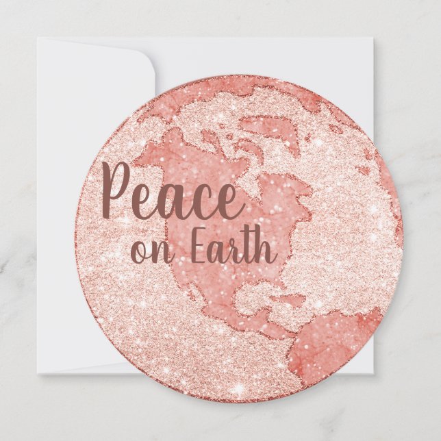 Peace on Earth Rose Gold Glitter Pink Christmas Holiday Card (Front)