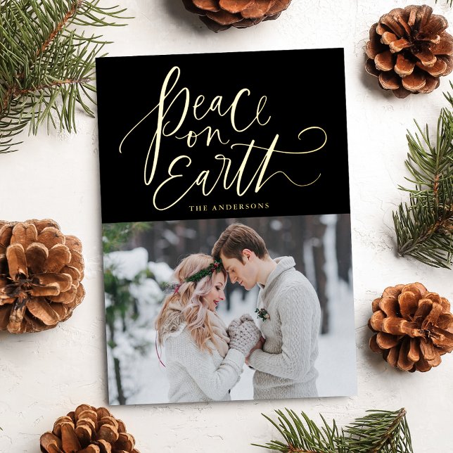Peace On Earth Script Black and Gold Foil Holiday Card (Creator Uploaded)