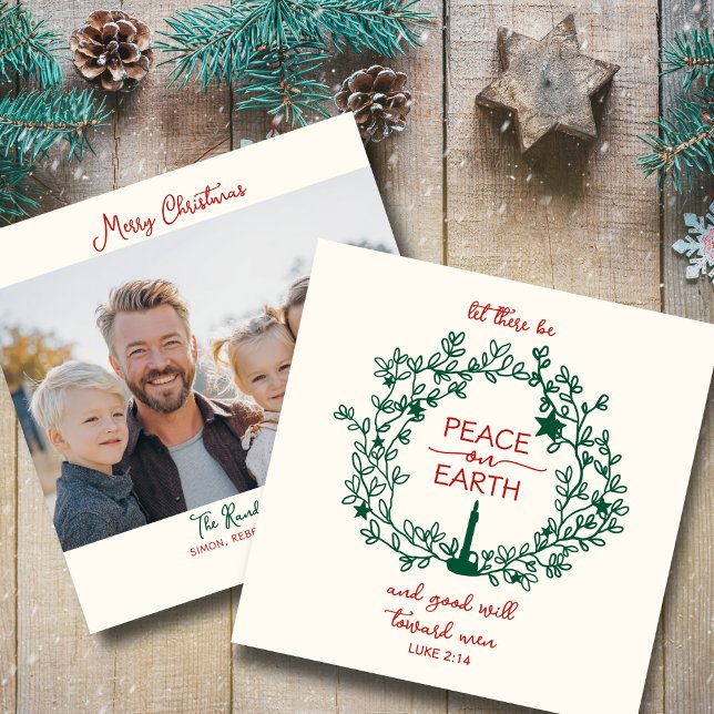 Peace on Earth Scripture Hand Drawn Wreath Photo  Holiday Card (Keepsake Christian Christmas card to spread peace & joy)