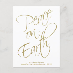 Peace on Earth Simple Elegant Gold & White Photo Holiday Postcard
