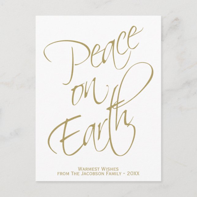 Peace on Earth Simple Elegant Gold & White Photo Holiday Postcard (Front)