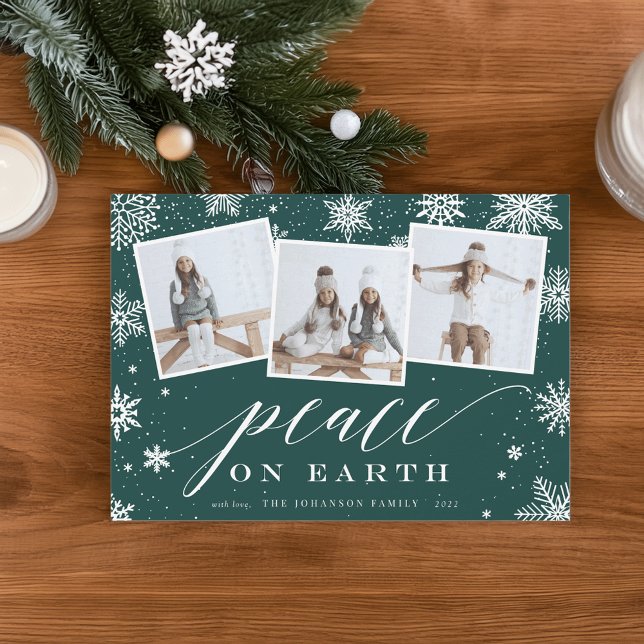Peace on Earth | Snowflake 3 Photo Collage Holiday Card (Creator Uploaded)