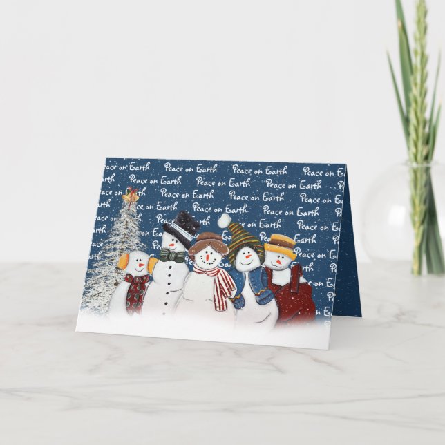 Peace on Earth Snowmen On Blue Holiday Card (Front)