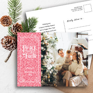 Peace on Earth Sparkling Pink Glitter Christmas Holiday Postcard