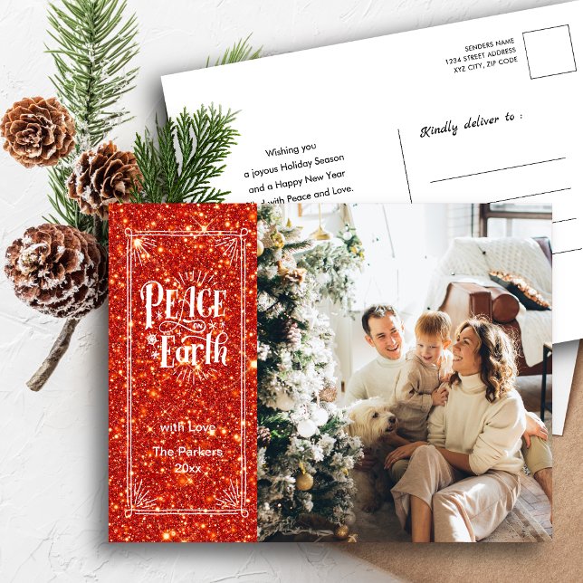 Peace on Earth Sparkling Red Glitter Christmas Holiday Postcard (Creator Uploaded)