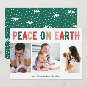 Peace on Earth Three Photo Family Modern Christmas Holiday Card