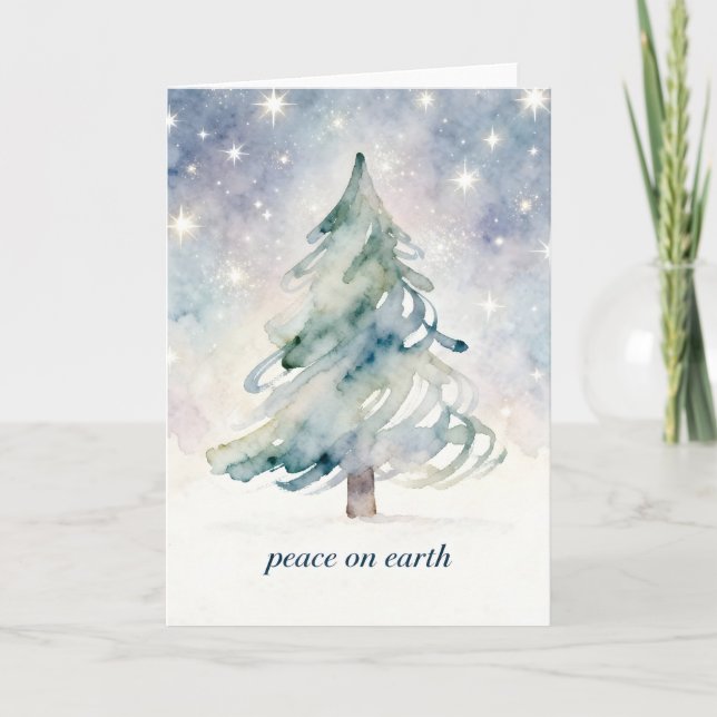 Peace on Earth Watercolor Modern Christmas Tree Holiday Card (Front)