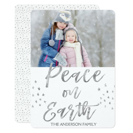 Peace on Earth White and Silver Watercolor Photo Card