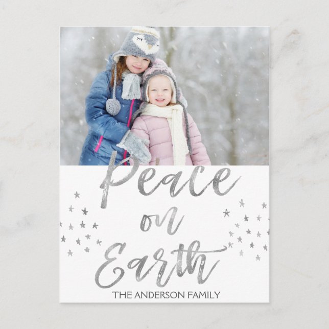 Peace on Earth White and Silver Watercolor Photo Postcard (Front)