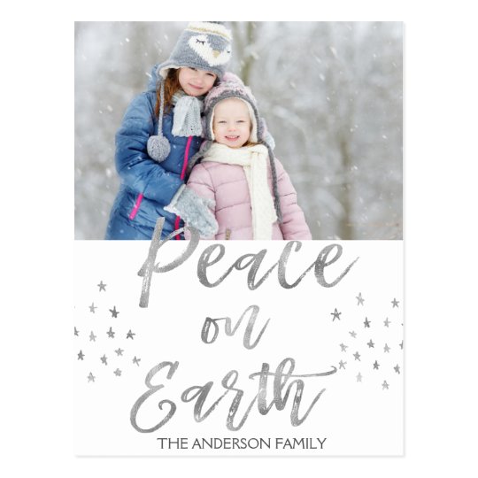 Peace on Earth White and Silver Watercolor Photo Postcard