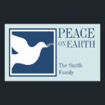 Peace on earth white dove blue large favour tag<br><div class="desc">Your holiday gifts and packages will be ultra special with these customised gift tags. Sticker feature a white dove silhouette with the words "Peace on Earth" set elegantly on the right. Simply personalise these stickers with your name or text at the bottom. These sophisticated holiday labels are perfect for gift...</div>