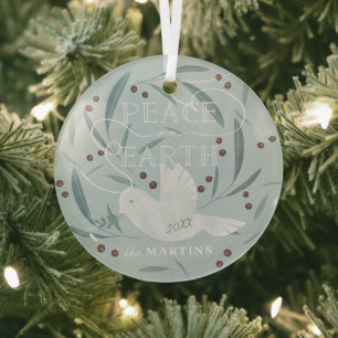 Peace on Earth White Dove Light Blue Holiday Glass Tree Decoration