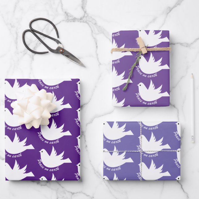 Peace on Earth white dove purple Christmas Wrapping Paper Sheet (Front)