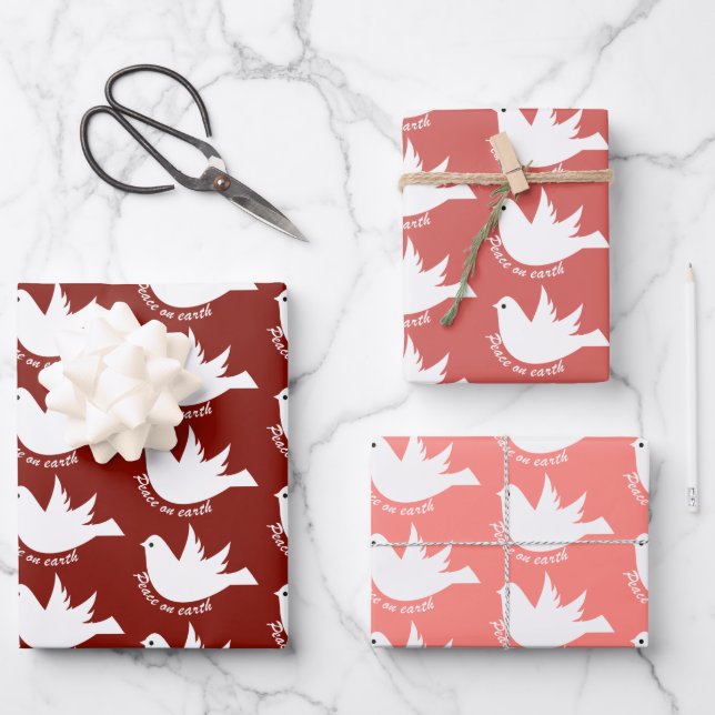 Peace on Earth white dove red Christmas Wrapping Paper Sheet (Front)