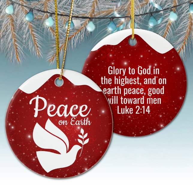 Peace On Earth white dove religious holiday 🕊🎄 Ceramic Tree Decoration (peace on earth white dove religious holiday christian season bible verse luke 2 14 festive design 🕊)