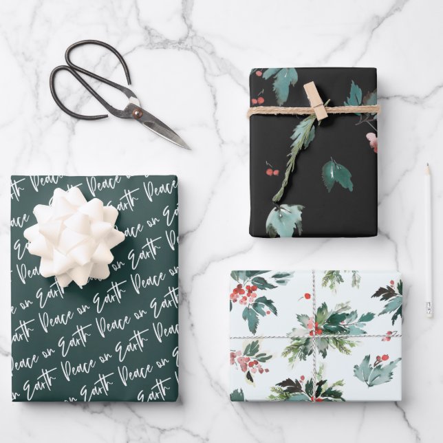 Peace on Earth Winter Botanical Berry Patterns Wrapping Paper Sheet (Front)
