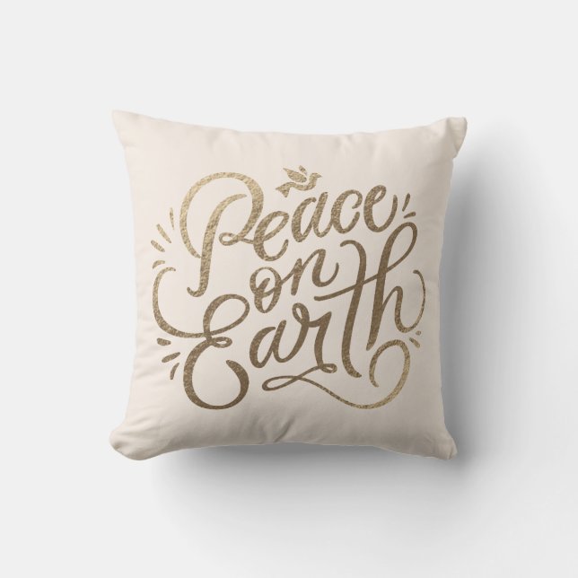 Peace on Earth with dove faux-gold modern script Cushion (Front)