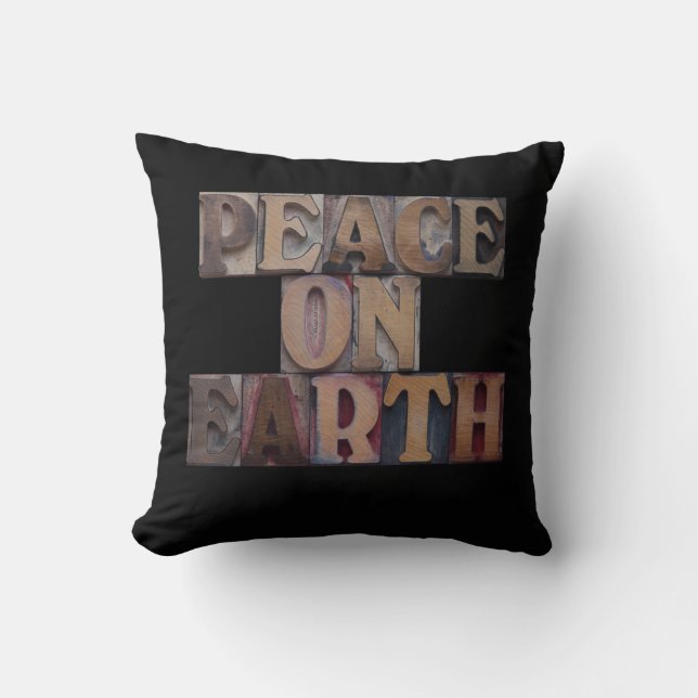 Peace on Earth, Wooden Stamps Letters, Christmas Cushion (Front)