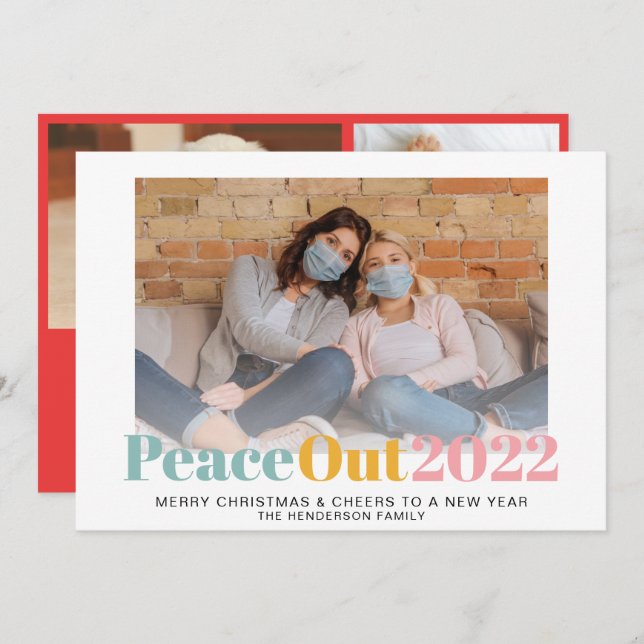 Peace Out 2020 Colourful Pastels Christmas Photos Holiday Card (Front/Back)