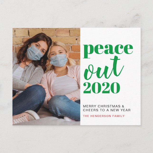 Peace Out 2020 Photo Green Christmas New Year Holiday Postcard (Front)